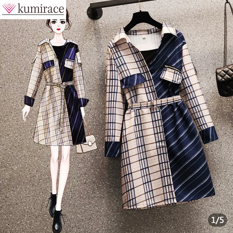 2022 Spring and Autumn New Korean Version Stitched Fashion Asymmetric Lattice Long Dress Elegant Women Long Sleeve Waist Dress