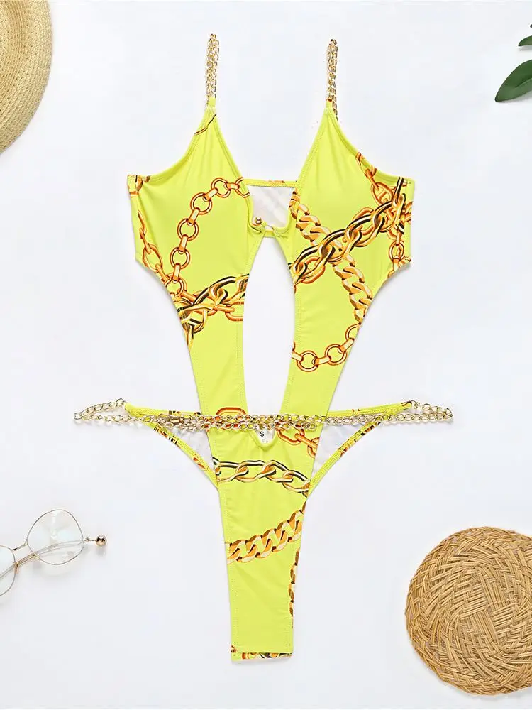 

Sexy Thong One Piece Swimsuit New Women Metal Chain Bandage Bathing Suit Swimwear Yellow Green High Waist Cut Out Monokini