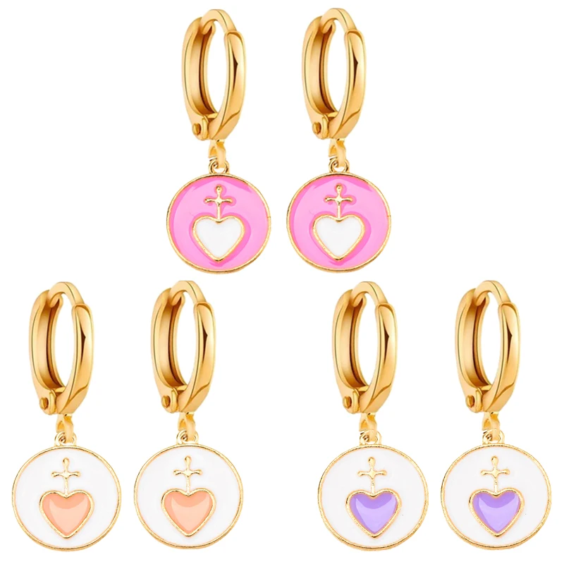 

2 Pairs Round Heart Shape Dangle Earrings 2022 Fashion Women Jewelry Alloy Enamel Sweet Cute Hoop Earrings Pendant Accessories