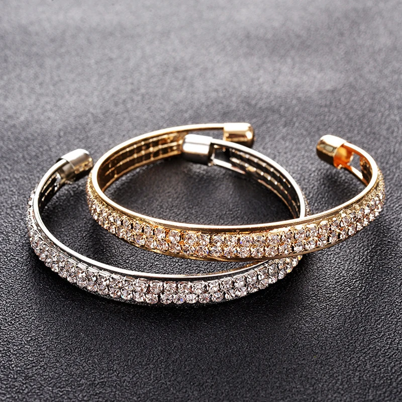 

WLP Women Luxury Double Row Crystal Bangles Bride Wedding Elegant Metal Fashion Bracelet&Bangle femme Jewelry Gifts Accessories