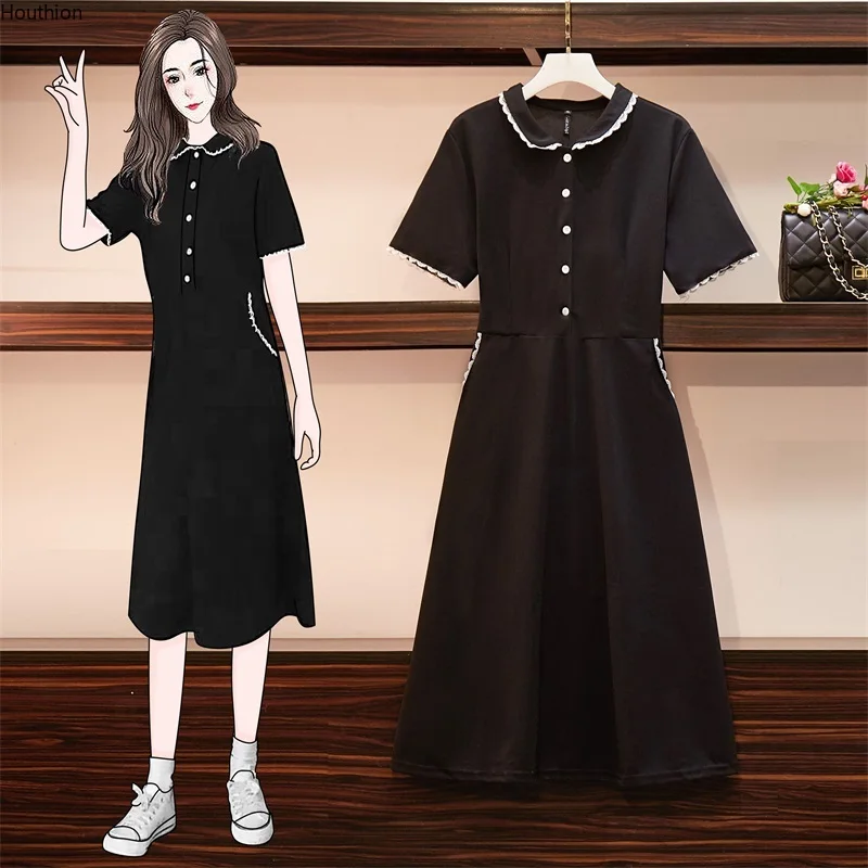 

Houthion Short Sleeve Women's Dress Lapel Ruffle Draw Back Pure Color Stitching Fashion Korean Summer