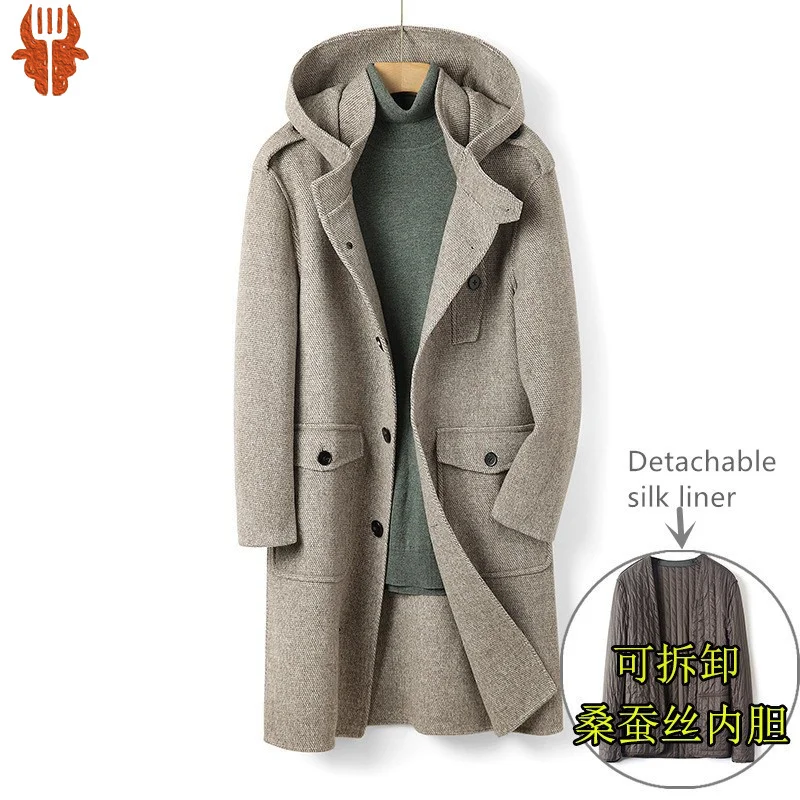 

2023 Luxury 100% Wool Double-sides Woolen Coat Men's Long Hooded Single-breasted Winter Trench Camel Gray Coat