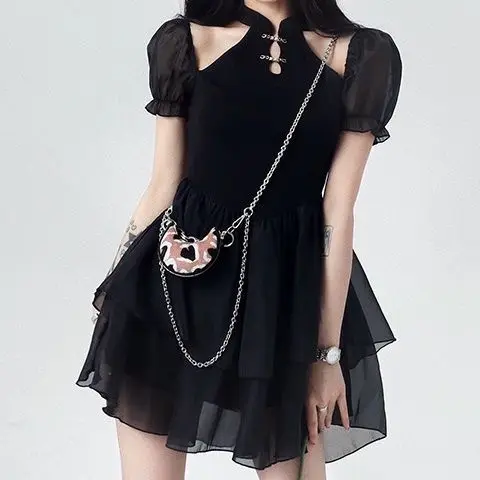 

Women Summer New Sexy Puff Short Sleeves Short Skirt Black Fashion Gothic Streetwear Design Fishbone Skirt Mini Club Dress