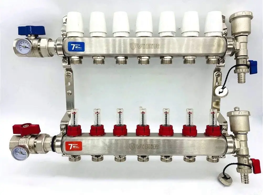 распределитель гребенка. коллекторная группа 5 с расходомерами для теплого пола. латунный коллектор 7 выходов. коллекторная группа виеир 7. коллектор 7.