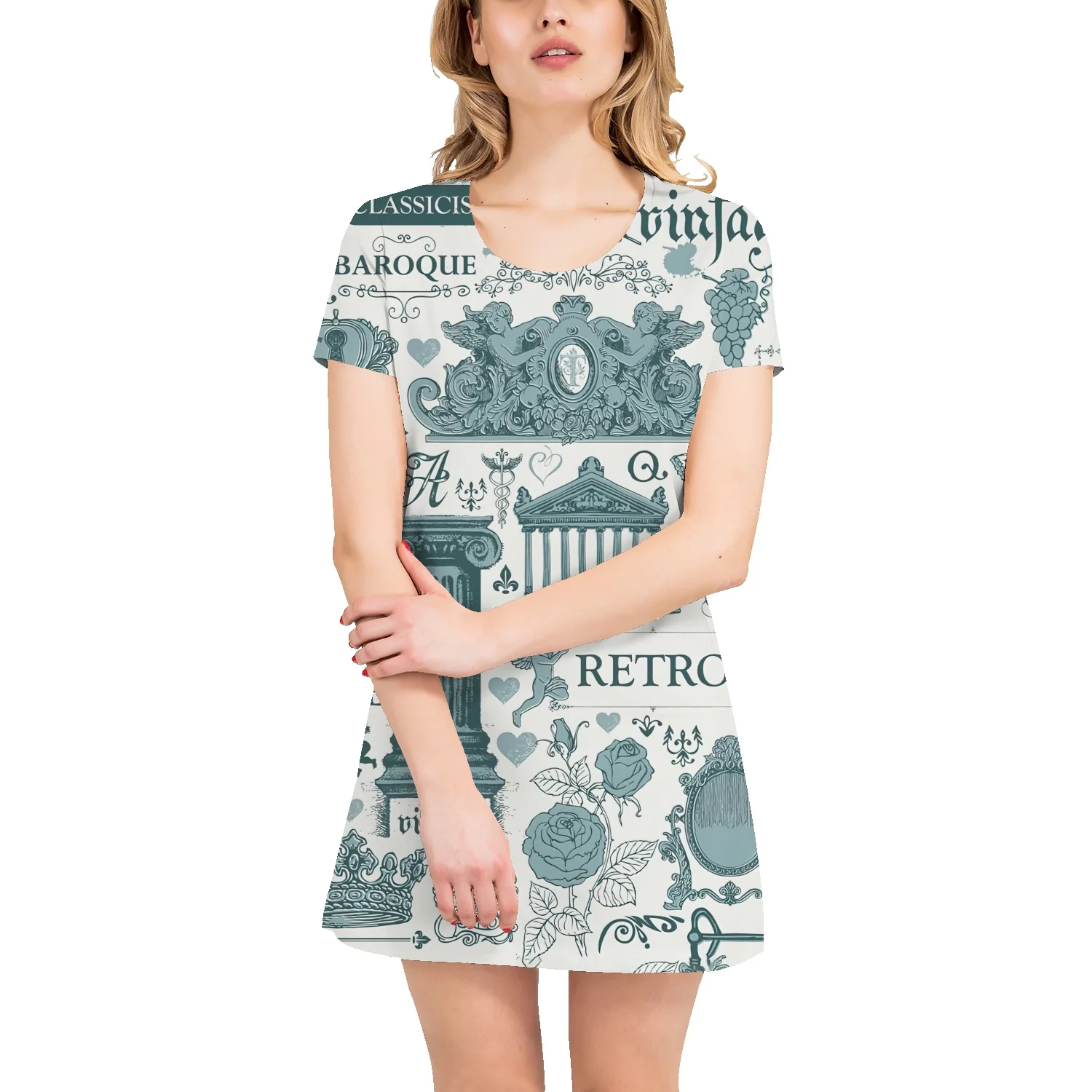 

American pastoral simple floral retro t-shirt skirt mid-length casual short-sleeved skirt cotton large size loose women's dress