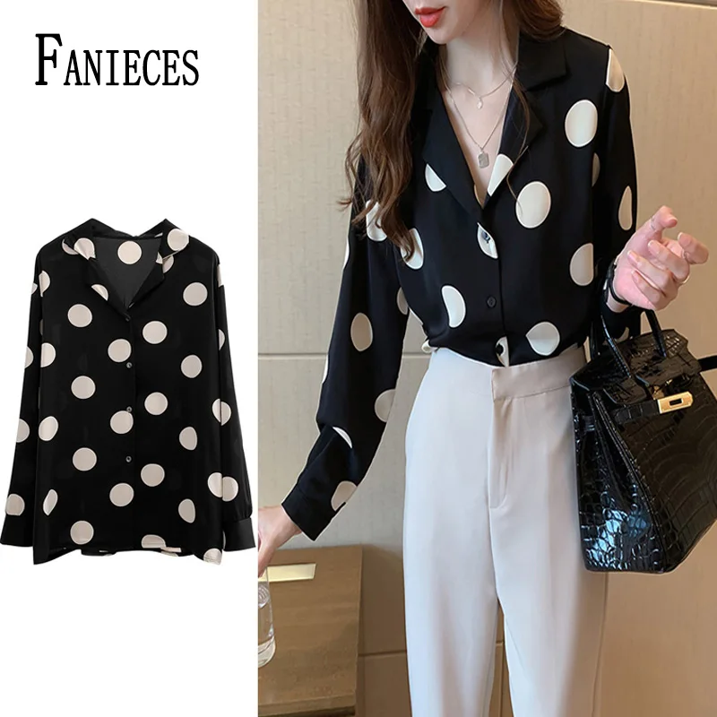 

FANIECES Polka Dot Women's Shirt Elegant Lapel Button-up Blouse Long Sleeve Summer Tops Vintage Casual Female Clothing рубашка