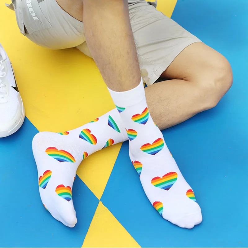 2021 New Style Fashion Long Women and Men Cotton Socks Gay Lesbian Rainbow Larger Size Stripe Socks for Men Size 41-48
