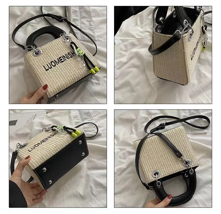 Letter Straw Woven Bag Luxury Crossbody Messenger Women's All-match Large-capacity Bucket Bag Holiday Beach Handbag and Purse