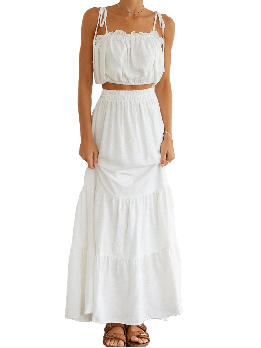 

Женский летний комплект из 2 предметов, укороченный топ на бретелях-спагетти, плиссированная юбка А-силуэта, Клубные вечерние пляжные плать...