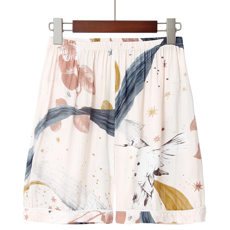 S-3XL Women's 100% Viscose Sleepwear Print Short Pajama Set Contrast Piping Loose Pants Lougewear Home Nightwear