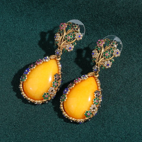 Серьги-капельки STALAIT медные желтые с натуральным камнем