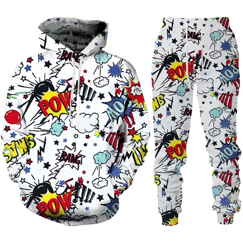 

New Hip Hop 3D Cartoon Printed Hoodie + Pants Suit Cool Men/Women 2 Pcs Sportwear Tracksuit Set Spring Autumn Men's Clothing