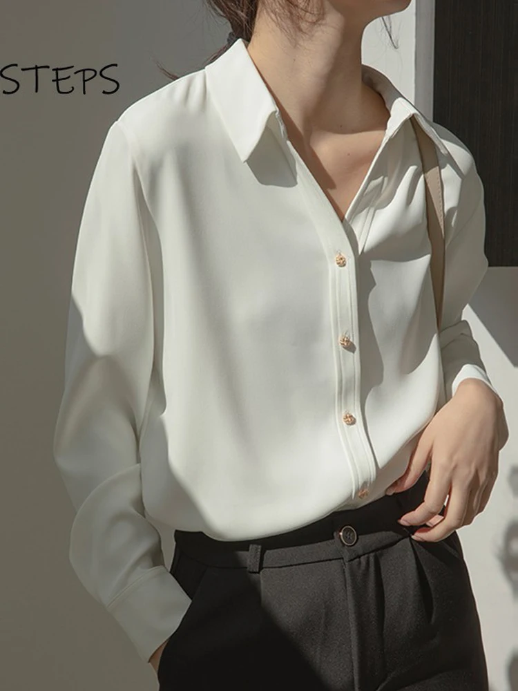 

High Quality Women White Shirts Satin Office Lady Work Wear Blouses Button Long Sleeve Retro Clothes 2022 Chic Ladies Tops