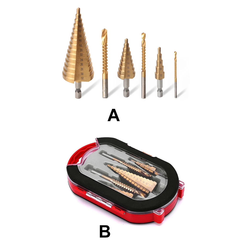 

Pack of 6 Step Drill Bit High-speed Steel Saw Drilling Core Hole Openers Deburring Portable Metal Bench Tools Bag-packed