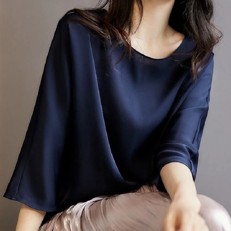

2022 Summer Women Smooth Satin Temperament Long Sleeves Blouses Shirts Loose O-Neck Fashion Tops Blusas Womens Tops