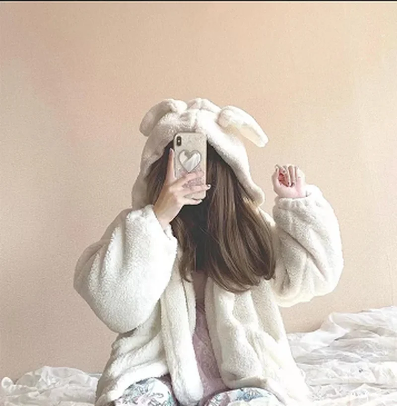 Winter Jacket Women's Plus Velvet Padded 2021 Zipper Oversized Soft Harajuku Kawaii Hooded Rabbit Ears Plush Faux Cashmere Coat