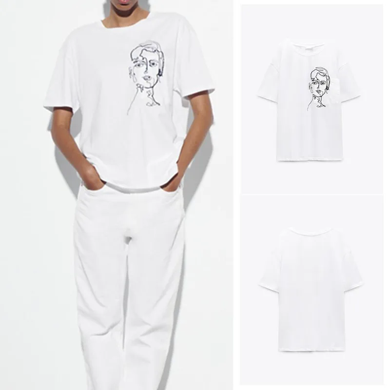 

PB&ZA summer new women's fashion design sense white cotton round neck short-sleeved embroidery decoration T-shirt 0264/085