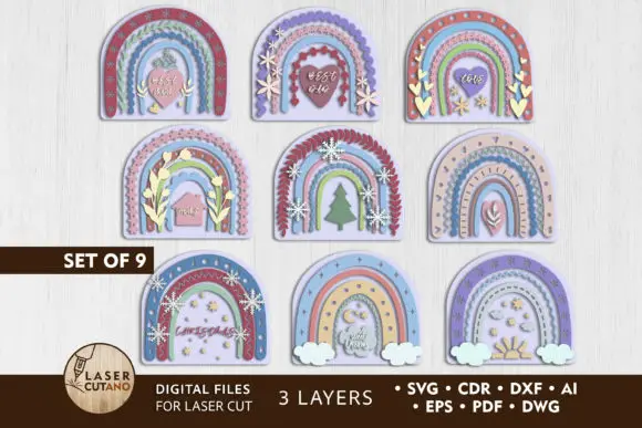 

RAINBOWS Multilayer Set of 9 Laser Files for Cutting SVG DXF DWG CDR and Digital Multilayer Layout Files Engraving Cutting