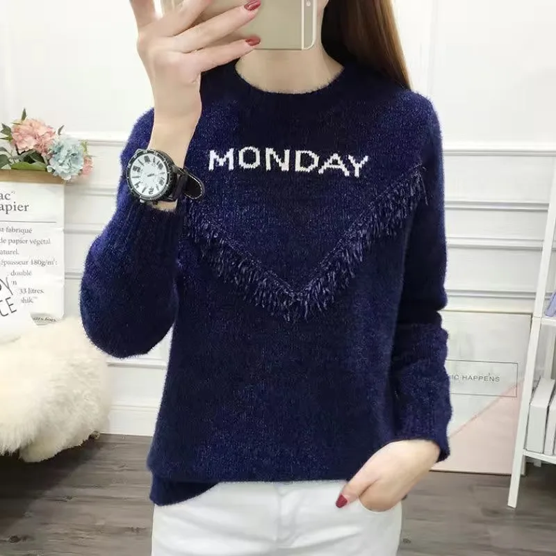 Chenille Sweater Women Autumn and Winter 2024 Popular Fashion Loose Inner wear Fleece-lined Thickened Knit Outer Wear Top