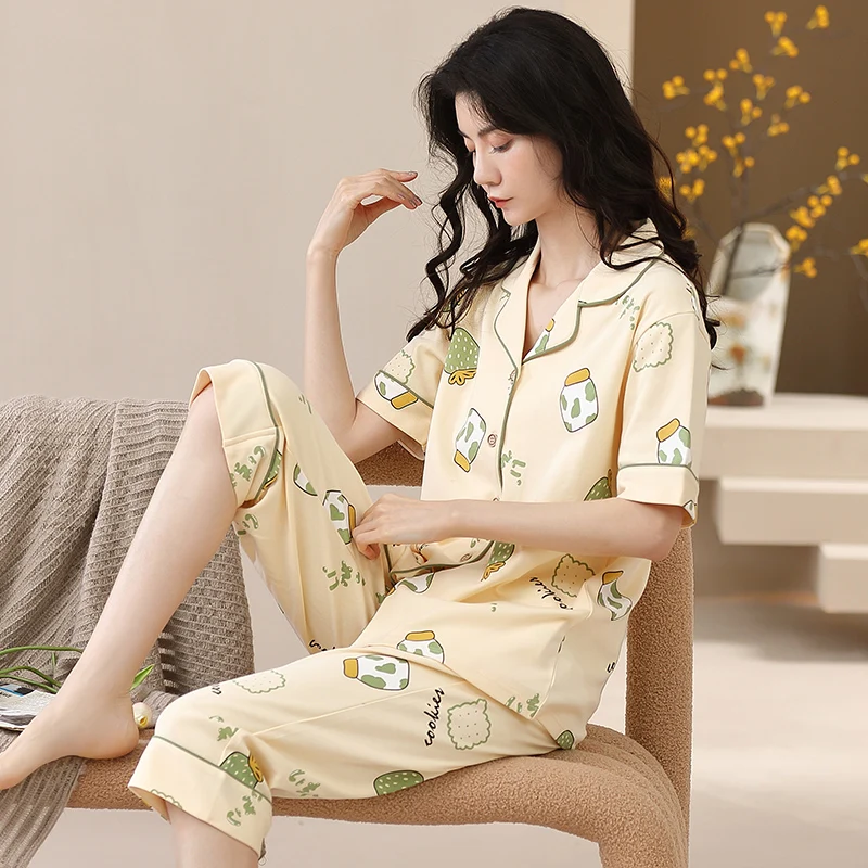 Летняя Хлопковая женская пижама с мультяшным принтом Женская домашняя одежда