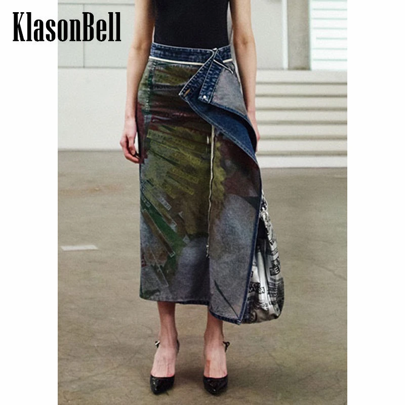 

6,7 KlasonBell уличная винтажная мытая джинсовая юбка миди с буквенным цветочным принтом на молнии для женщин