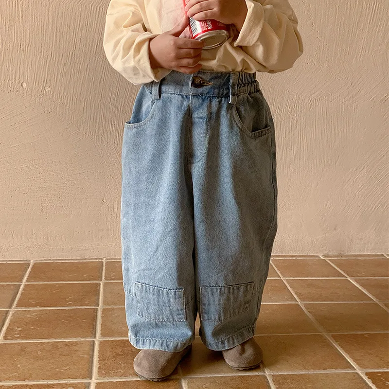 

Autumn New Children Loose Denim Straight Trousers Solid Baby Girls Casual Wide Leg Pants Fashion Splicing Jeans Kids Clothes