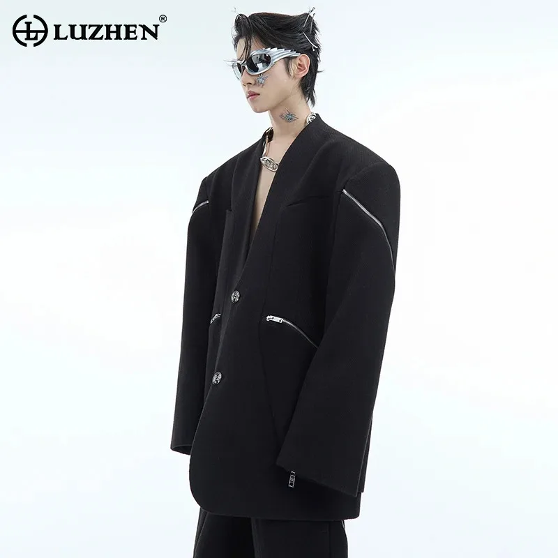 Фото LUZHEN Дизайнерский пиджак с несколькими молниями Стильный социальный формальный сплошной цвет Высокое качество Элегантные темпераментные брюки Мужской LZ8043 №1