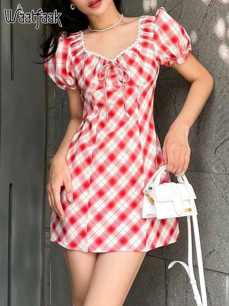 

Waatfaak Elegant Korean Plaid Printed Dress Cute Puff Sleeve A Line High Waist Summer Lace-up Summer Dress Women 2022 Casual