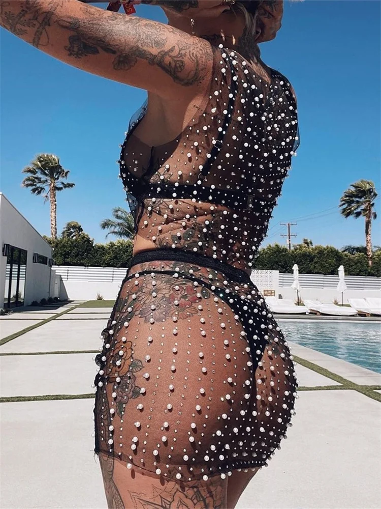 

CHRONSTYLE Women Swimsuits Bikinis Cover-Ups 2 Pieces Set Pearls Rhinestones O-neck Tank Tops Mesh Sheer See-through Skirts 2022