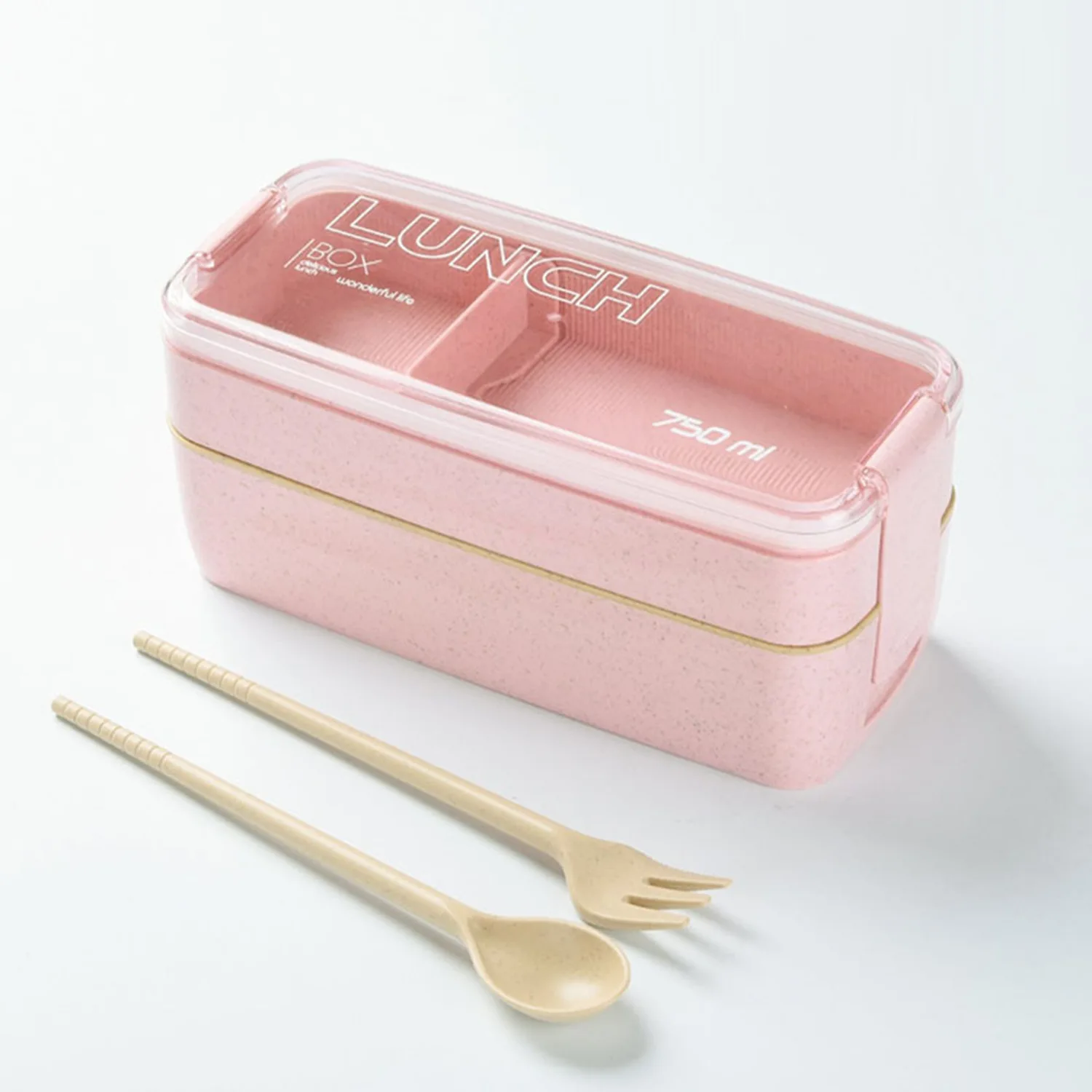 

Rectangular Double-layer Wheat Straw Fiber Plastic Bento Box, Student Adult with Cutlery Lunch Box