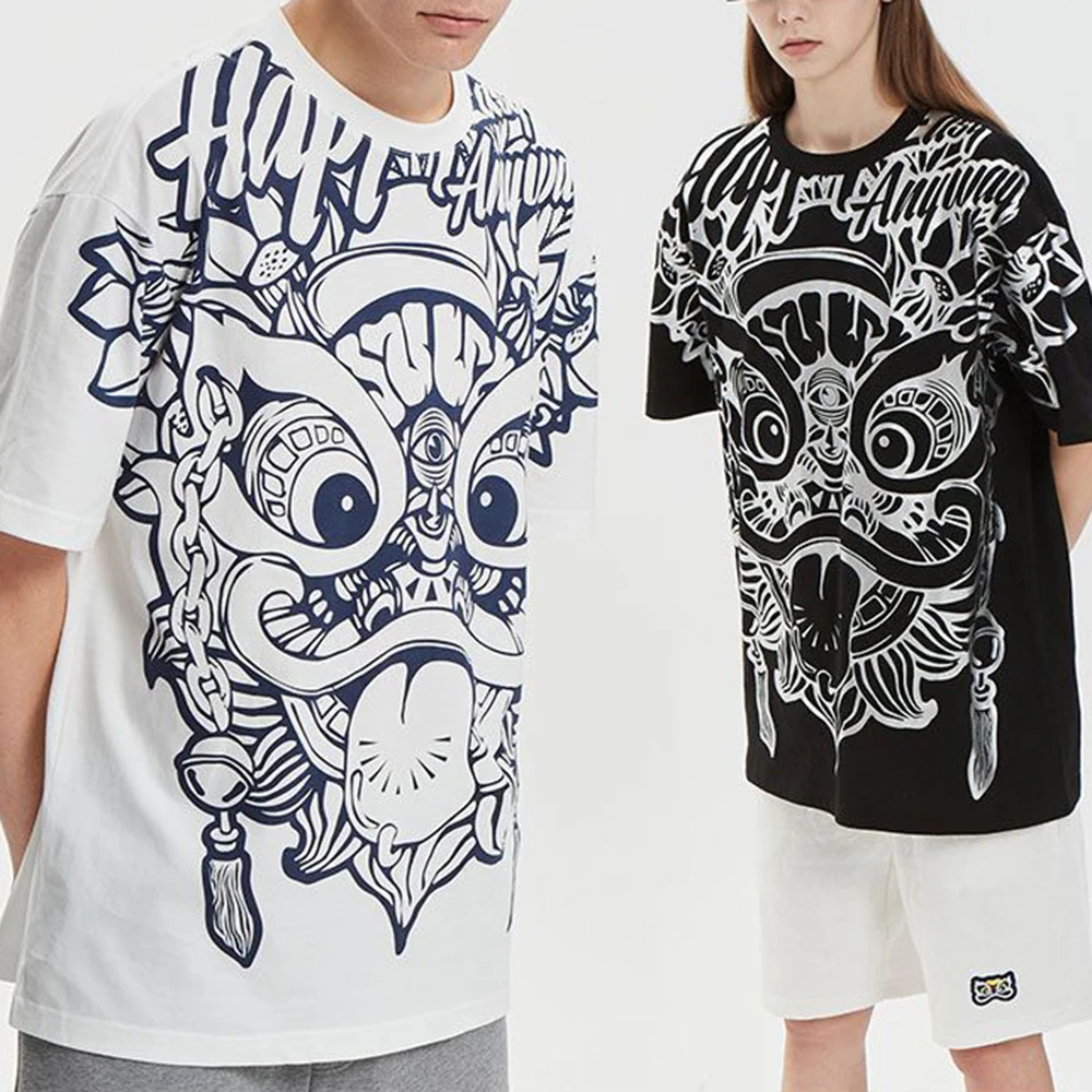 

Pure Cotton Casual Retro Short-sleeved T-shirt 2 Summer New Street Totem Lion Print Hiphop Fashion All-match Tops Men's Clothing