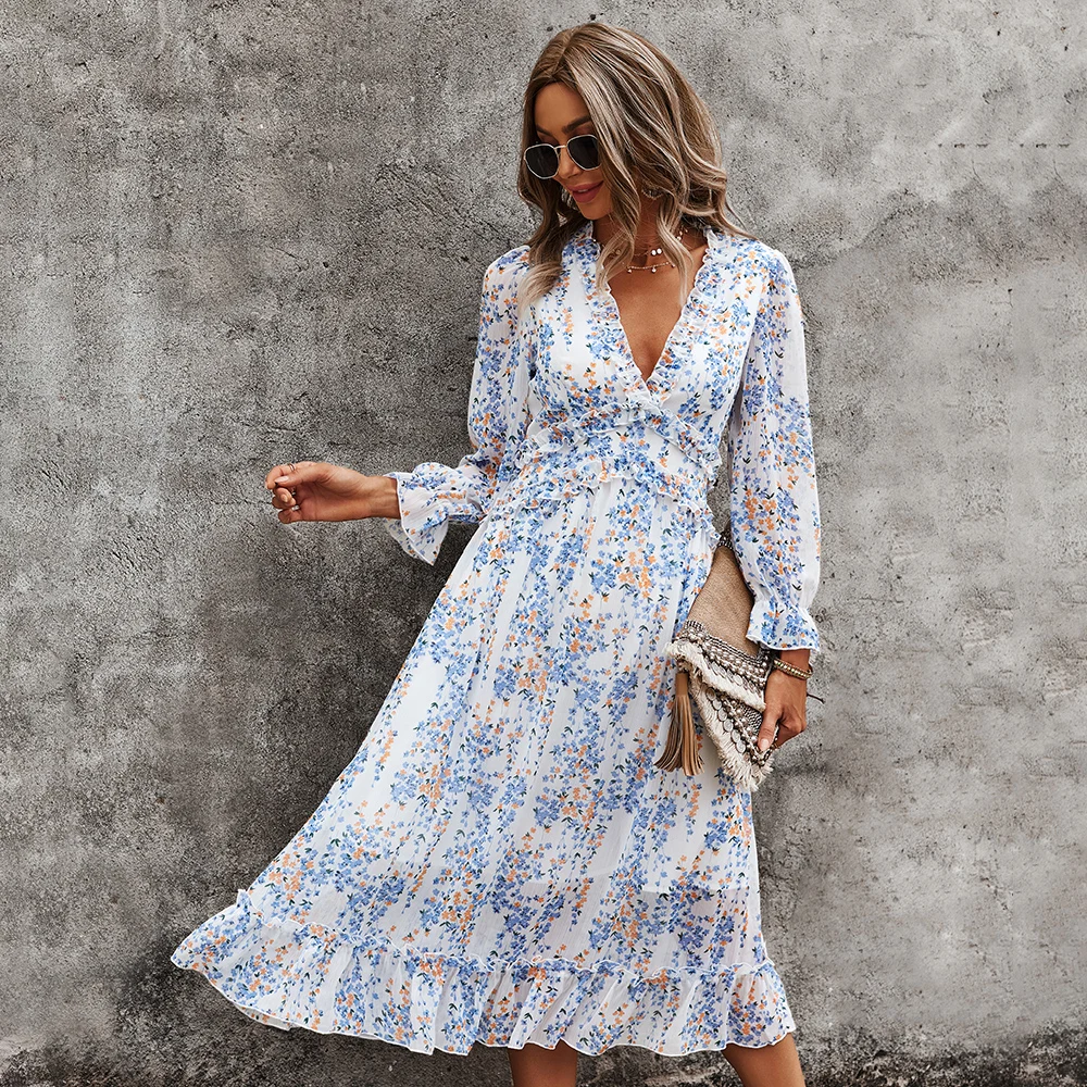 

Womens Spring Summer Sexy Deep V Neck Ruffle Long Sleeve Floral Print Boho Beach Dress Maxi Dress