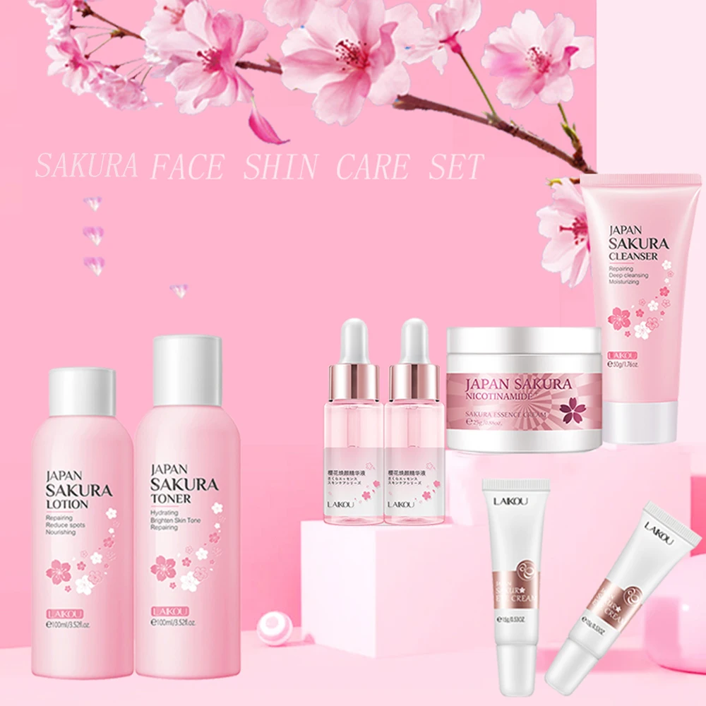 Cherry Blossoms Essence 8pc Skin Care Set Moisturizing Nourishing Firming Facial Cream Care Toner Lotion Eye Care Skin Care kit