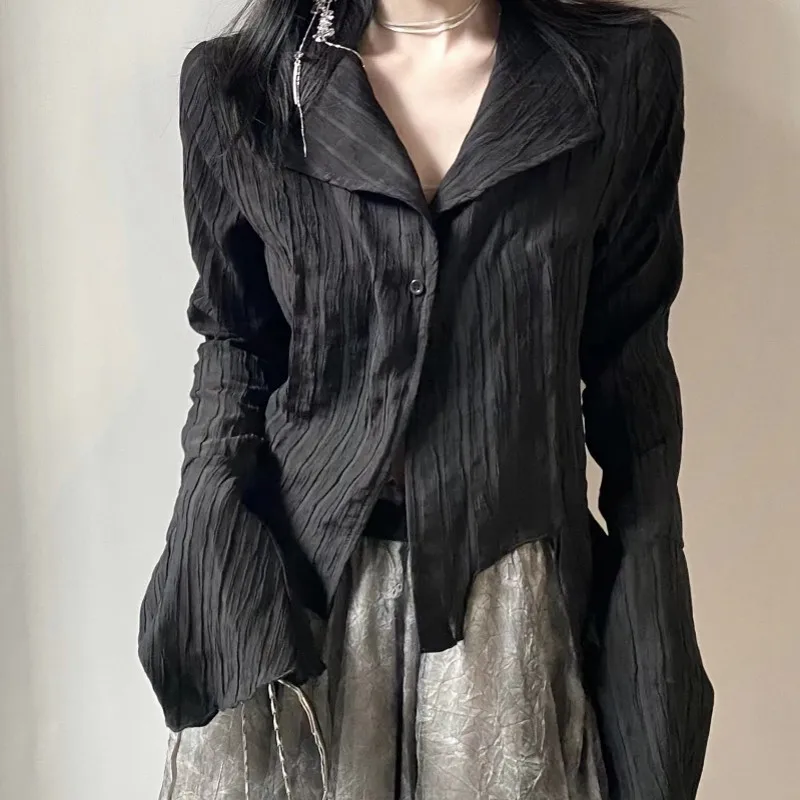 

Готическая Черная рубашка в стиле Ямамото, темная Эстетическая блузка, Женская Асимметричная Дизайнерская одежда, одежда в стиле эмо, гранж...