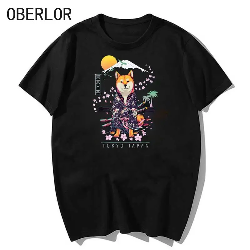 

Shiba Inu Cherry Blossoms Best-selling Men's and Women's Japanese Casual Clothing Cotton Black Wild Round Neck T-shirt Top