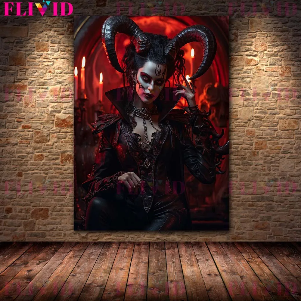 Демонический суккубус с рогами на голове винтажное настенное Искусство Холст