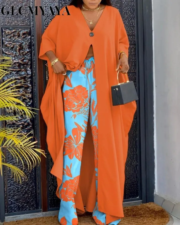 

GLCMYAYA Vintage Women's Set High Side Slit V-neck Loose Ruched Maxi Blouse and Pants Suit 2023 Two 2 Piece Set Outfit Tracksuit
