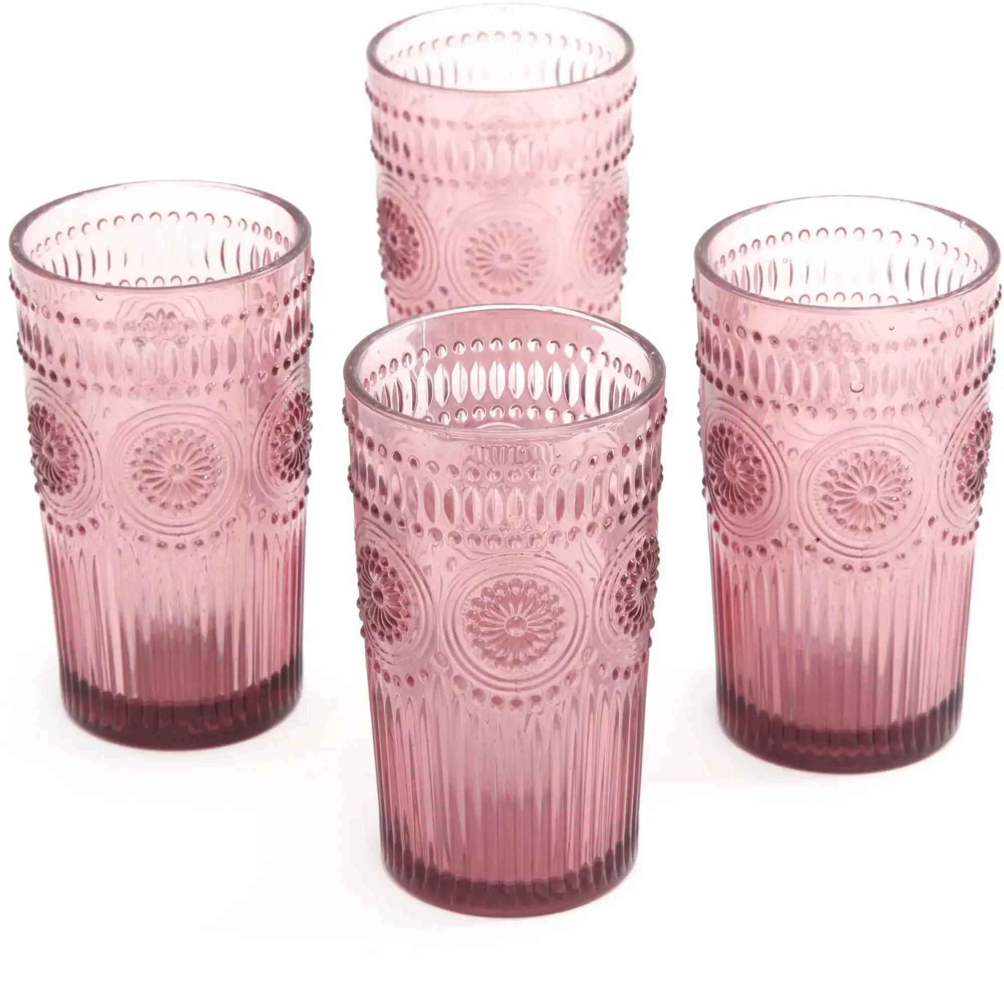 

Vintage Textured Striped Drinking Glasses Set of 16 Oz Ribbed Glassware with Flower Design| Cocktail Set, Juice Glass