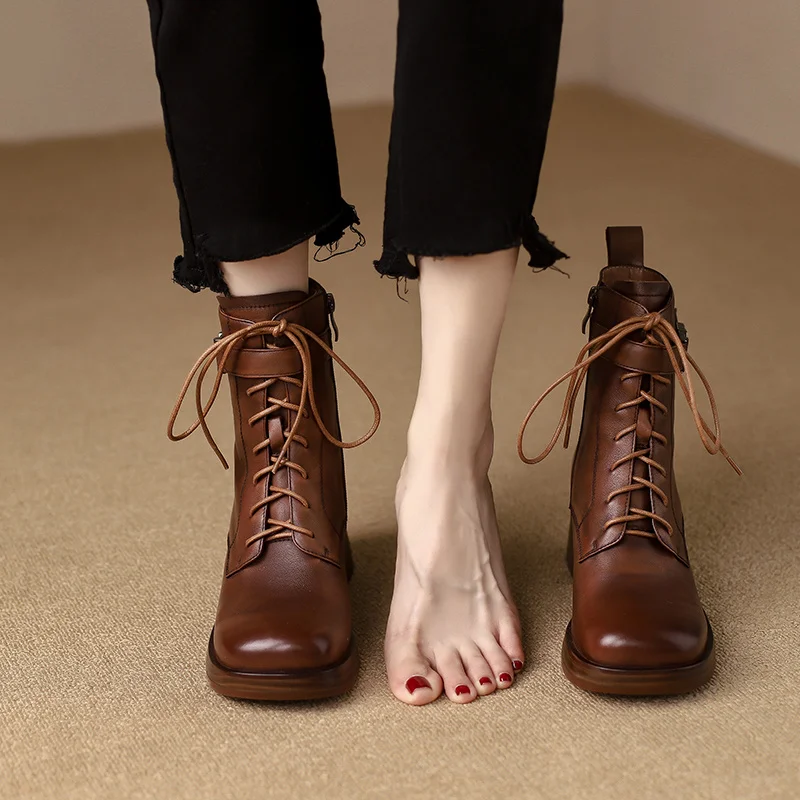 

2022 Autumn/winter Women Boots Genuine Leather Ankle Boots Round Toe Chunky Heel Short Boots Platform Shoes for Women High Heel