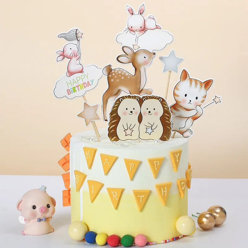 

Cake Topper Hedgehog Rabbit Deer Cat Star Happy Birthday Decoration Flag Anniversaire Party DIY Baking Supplies Cupcake Toppers