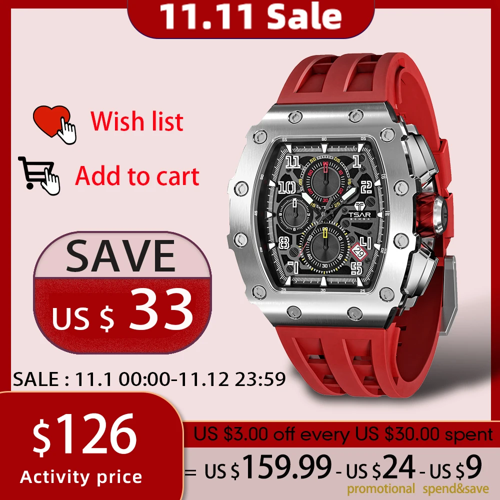 Дешево TSAR BOMBA Часы мужские наручные, Роскошные Кварцевые спортивные водонепроницаемые с хронографом и сапфировым стеклом