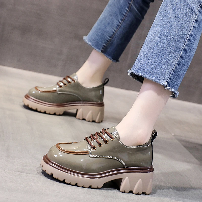 

Brand British Style Chunky Platform Pumps Women 2022 Autumn Lace Up Thick Heels Loafers Woman Round Toe Patent Leather Shoes