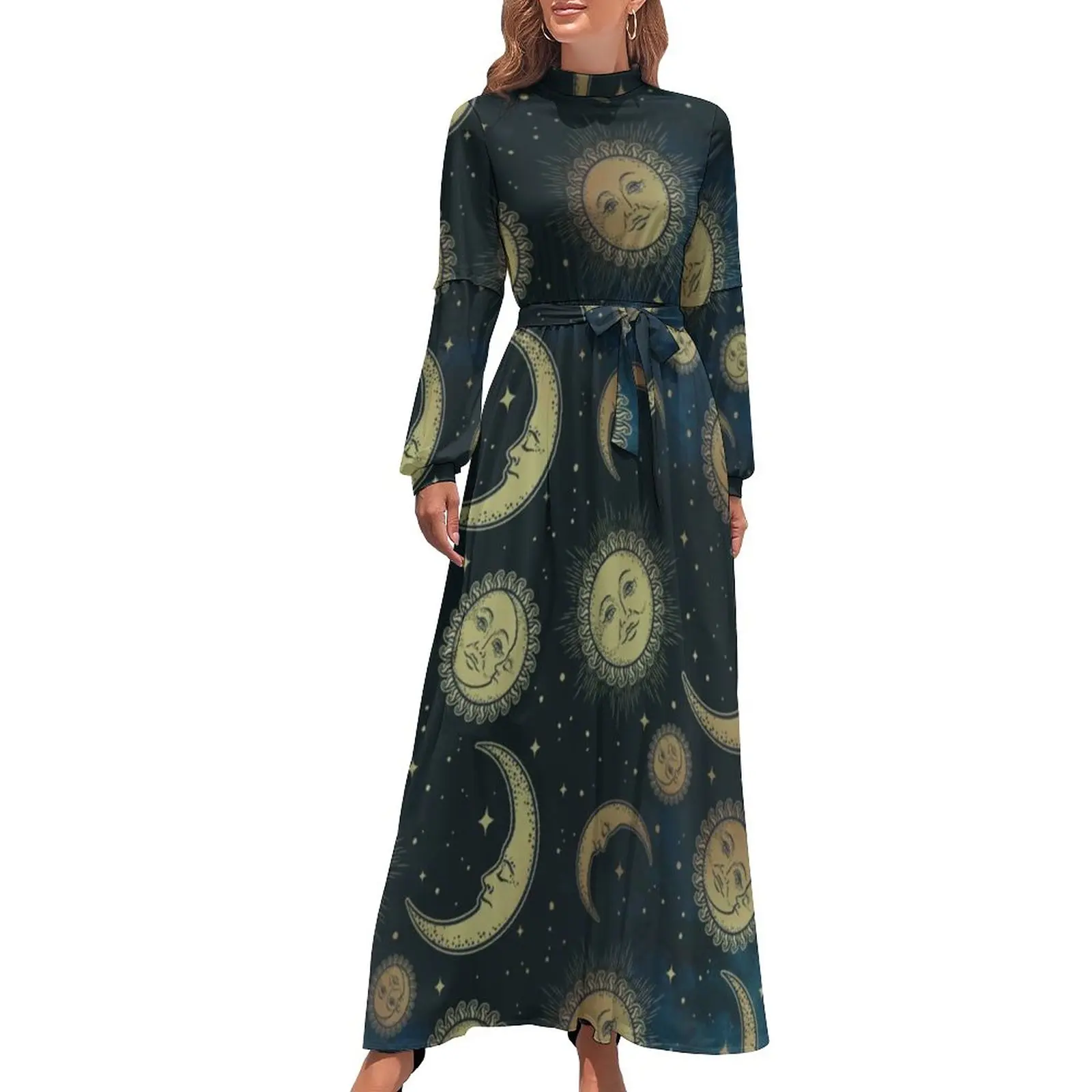 

Винтажное платье в стиле ретро с изображением солнца луны и звезд, пляжные платья с высоким воротом в стиле бохо, уличная одежда с длинным рукавом, длинное платье макси, одежда