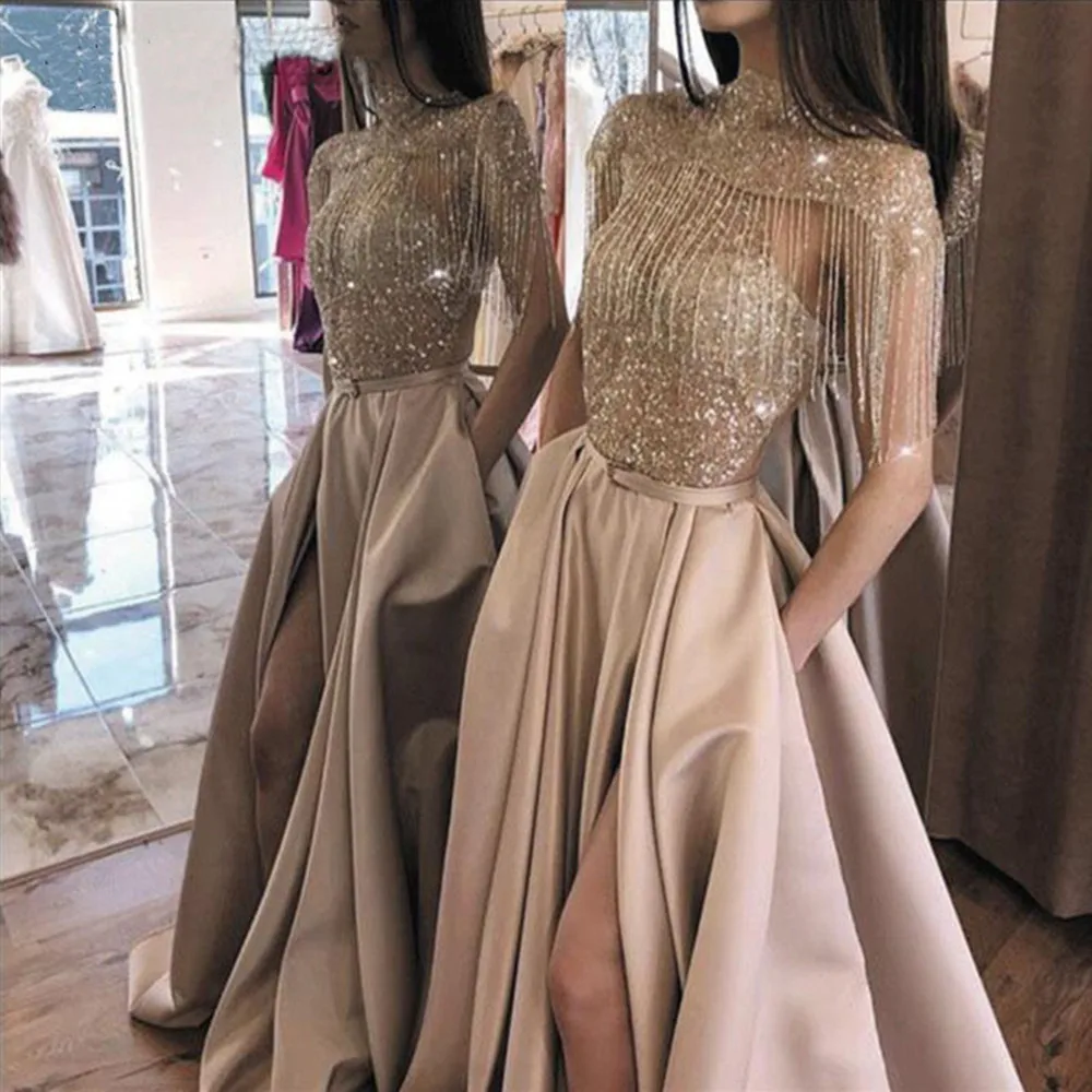 

Exquisite Prom Dresses A-line Sequins Top With Pockets High Side Split High Neck Sweep Train Waistbelt Evening Formal Gowns
