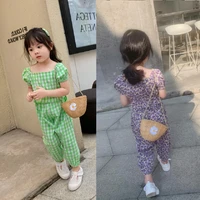 summer girls suit plaid floral u neck top and trousers summer childrens suit 3 8y vk2020170
