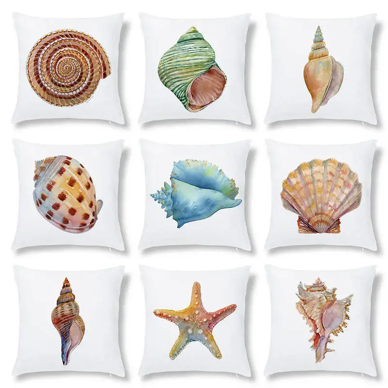 

Shell Conch Pattern Cushion Cover Ocean Style Sofa Seat Decoration Throw Pillowcase Conch Shell Printed Square Pillow Cover