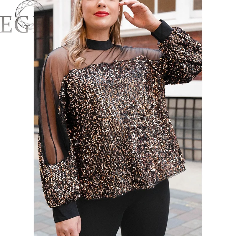 Elegant Plus Size Women's Spring Summer Shiny Mesh Tops Loose Commuting Shiny Women Plus Size Crewneck Tops