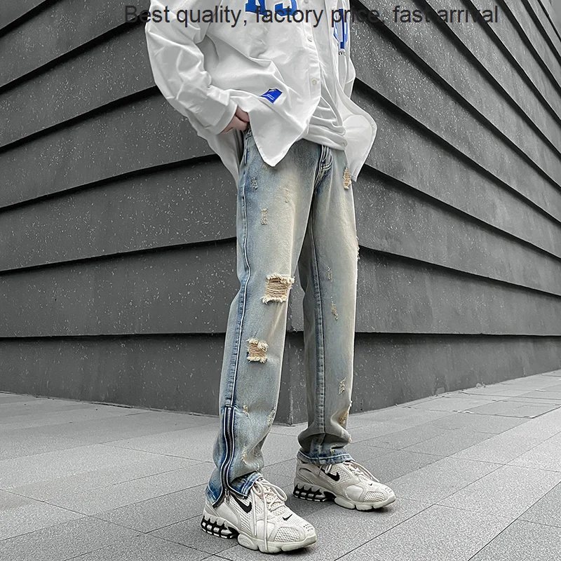 

quality luxury brand Retro hip hop Jeans Men Spring Summer High Street Ripped Cuff Zipper Loose Pants Straight Drop Vintage Deni