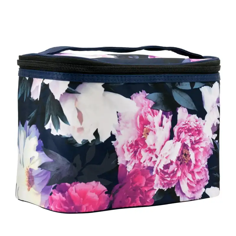Deluxe Midnight Blue PVC 14-Piece Travel Tote Set with Pink Floral Train Case, Silver Hardware, Accessory Pouches, Shower & Bath