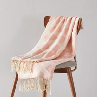 thread blanket for sofa bed decoration idyllic style pink acrylic knit geometric pattern tassels towel blankets 127x152cm